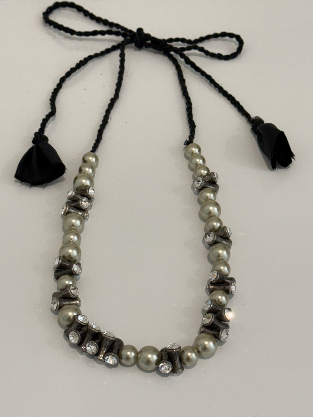 J. Crew Black Tie Necklace with Silver-Gray Pearls and Crystal Accents
